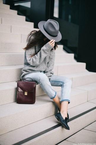 Women's Grey Knit Oversized Sweater, Light Blue Jeans, Black Leather Loafers, Burgundy Leather Crossbody Bag