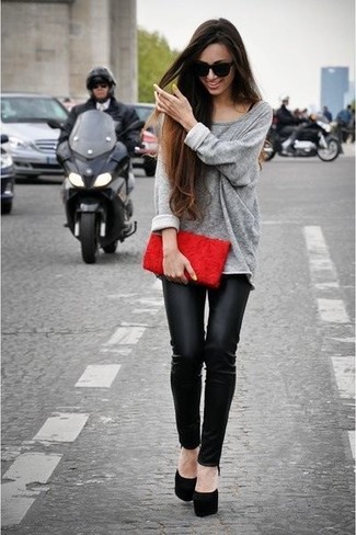 Women's Grey Oversized Sweater, Black Leather Leggings, Black Suede Pumps, Red Crochet Clutch