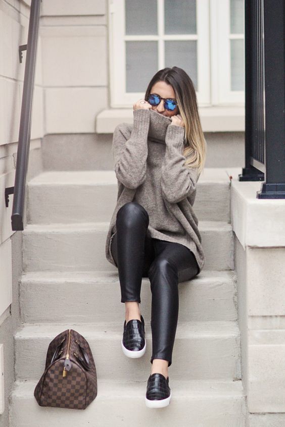 Women's Grey Oversized Sweater, Black Leather Leggings, Black Leather  Slip-on Sneakers, Brown Check Leather Tote Bag