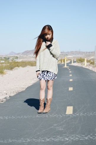 Women's Grey Oversized Sweater, Black Long Sleeve T-shirt, Beige Print Skater Skirt, Tan Leather Lace-up Flat Boots