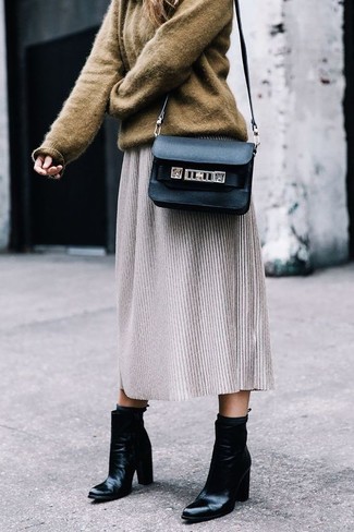 Women's Brown Oversized Sweater, Grey Wool Midi Skirt, Black Leather Ankle Boots, Black Leather Crossbody Bag