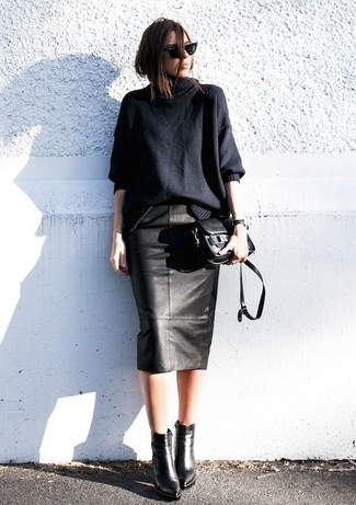 Women's Black Oversized Sweater, Black Leather Pencil Skirt, Black Leather Ankle Boots, Black Leather Crossbody Bag