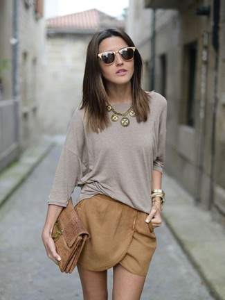 Women's Grey Oversized Sweater, Tan Shorts, Tan Leather Clutch, Gold Sunglasses