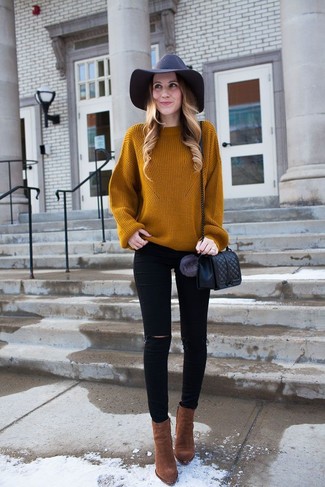 Tobacco Oversized Sweater Outfits: Consider wearing a tobacco oversized sweater and black ripped skinny jeans for a casual level of dress. For something more on the smart end to complement this outfit, introduce brown suede ankle boots to the mix.