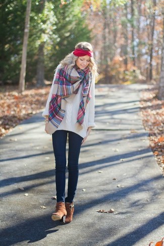 Women's White Oversized Sweater, Navy Skinny Jeans, Brown Suede Ankle Boots, Red and White Plaid Scarf