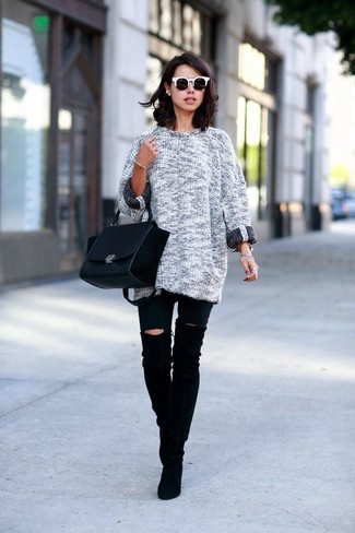 Women's Grey Knit Oversized Sweater, Black Ripped Skinny Jeans, Black Suede Over The Knee Boots, Black Leather Satchel Bag