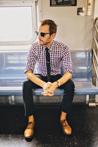 Purple Gingham Long Sleeve Shirt Outfits For Men: 