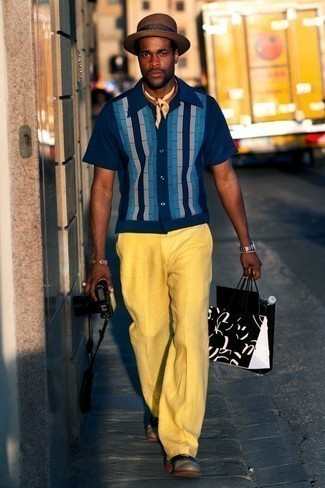 Men's Yellow Bandana, Grey Leather Oxford Shoes, Yellow Dress Pants, Navy Vertical Striped Short Sleeve Shirt