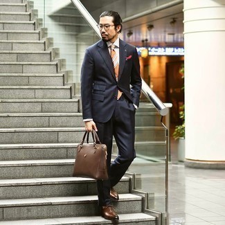 Men's Dark Brown Leather Briefcase, Dark Brown Leather Oxford Shoes, White and Black Vertical Striped Dress Shirt, Navy Suit