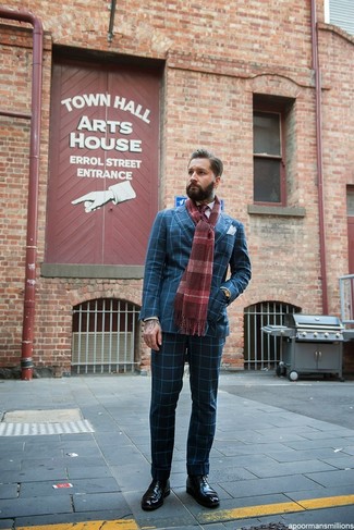 Burgundy Plaid Scarf Outfits For Men: 