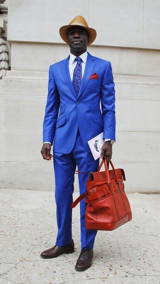 Men's Red Leather Tote Bag, Dark Brown Leather Oxford Shoes, White Dress Shirt, Blue Suit