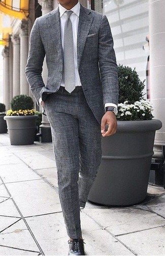 Men's Grey Tie, Black Leather Oxford Shoes, White Dress Shirt, Grey Wool Suit