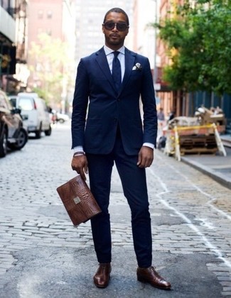 Men's Dark Brown Leather Briefcase, Dark Brown Leather Oxford Shoes, White Gingham Dress Shirt, Navy Suit