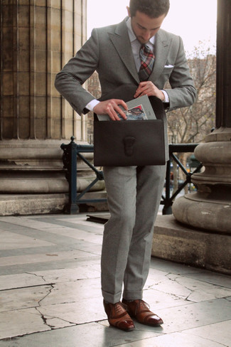 Men's Dark Brown Leather Briefcase, Brown Leather Oxford Shoes, White Dress Shirt, Grey Wool Suit