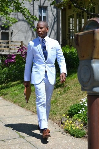 Men's Navy Polka Dot Tie, Brown Leather Oxford Shoes, White Dress Shirt, Light Blue Suit