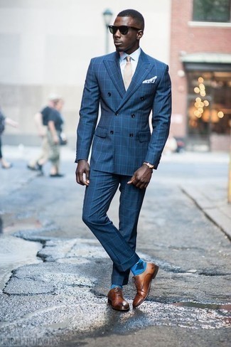 Men's Tan Silk Tie, Tobacco Leather Oxford Shoes, Light Blue Dress Shirt, Blue Check Suit