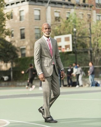 Men's Pink Tie, Black Leather Oxford Shoes, White Dress Shirt, Grey Plaid Suit