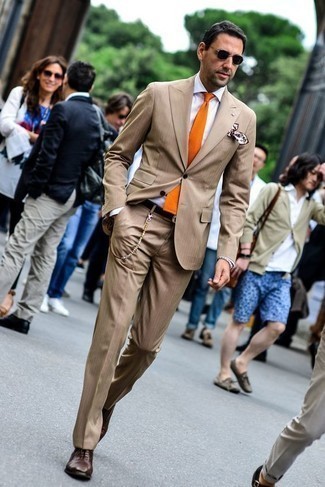Men's Orange Tie, Dark Brown Leather Oxford Shoes, White Dress Shirt, Tan Suit