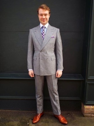Men's Violet Polka Dot Tie, Tobacco Leather Oxford Shoes, Light Blue Dress Shirt, Grey Suit