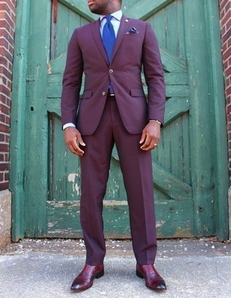 Men's Blue Tie, Burgundy Leather Oxford Shoes, White Dress Shirt, Purple Suit