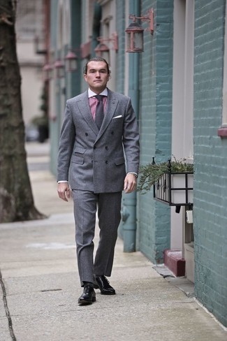 Men's Grey Tie, Black Leather Oxford Shoes, White and Red Gingham Dress Shirt, Grey Suit