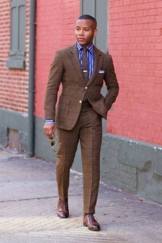 Men's Brown Tie, Brown Leather Oxford Shoes, Blue Vertical Striped Dress Shirt, Brown Check Suit