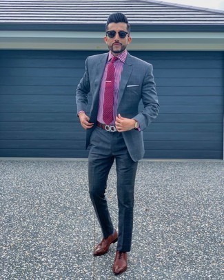 Men's Purple Polka Dot Tie, Burgundy Leather Oxford Shoes, White and Red Vertical Striped Dress Shirt, Blue Check Suit