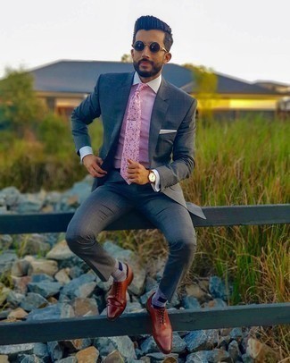 Men's Pink Floral Silk Tie, Tobacco Leather Oxford Shoes, Pink Vertical Striped Dress Shirt, Charcoal Check Suit