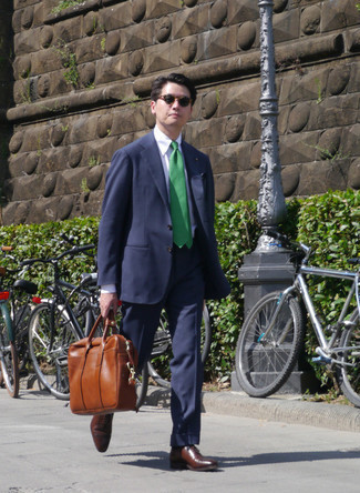 Men's Tobacco Leather Briefcase, Dark Brown Leather Oxford Shoes, White Dress Shirt, Navy Suit