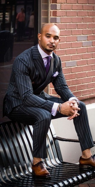 Men's Violet Polka Dot Tie, Brown Leather Oxford Shoes, White Check Dress Shirt, Black Vertical Striped Suit