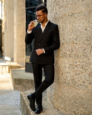 Men's Clear Sunglasses, Black Leather Oxford Shoes, White Dress Shirt, Black Suit