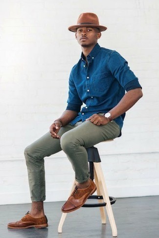 Navy Chambray Long Sleeve Shirt Outfits For Men: 