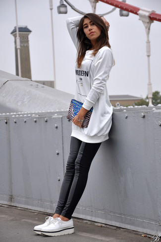 Women's White and Black Horizontal Striped Suede Clutch, White Leather Oxford Shoes, Black Leather Leggings, White and Black Print Oversized Sweater