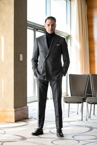 Men's White Pocket Square, Black Leather Oxford Shoes, Black Turtleneck, Grey Suit