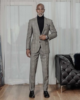 Men's White Print Pocket Square, Black Leather Oxford Shoes, Black Turtleneck, Grey Plaid Suit