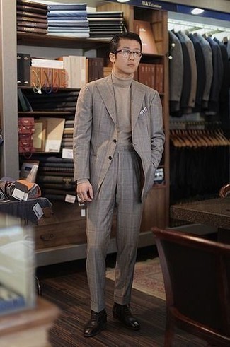 Men's White Print Pocket Square, Dark Brown Leather Oxford Shoes, Beige Turtleneck, Grey Plaid Suit