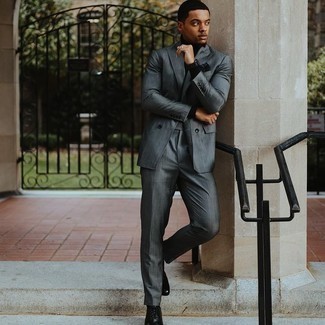 Men's Black Pocket Square, Black Leather Oxford Shoes, Black Turtleneck, Grey Suit