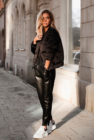 Black Leather Pajama Pants Outfits For Women: 