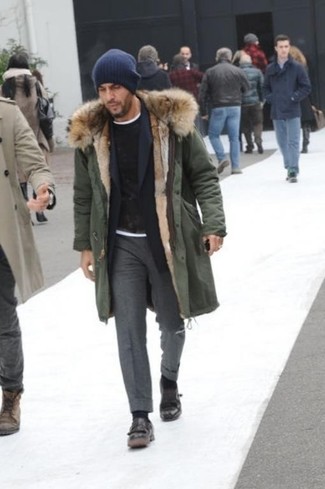 Dark Green Parka Outfits For Men: For an outfit that's very straightforward but can be dressed up or down in a variety of different ways, marry a dark green parka with charcoal wool dress pants. Don't know how to complement this ensemble? Rock black leather double monks to spruce it up.