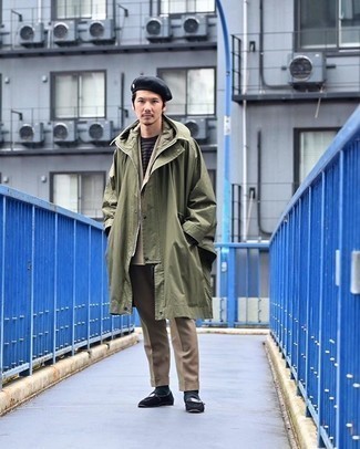 Olive Lightweight Parka Outfits For Men: This pairing of an olive lightweight parka and khaki dress pants is a goofproof option when you need to look casually sleek in a flash. Bring a sleeker twist to this ensemble by rocking a pair of black suede loafers.