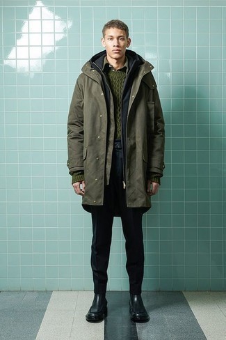 Olive Parka Outfits For Men: Why not wear an olive parka with black chinos? Both items are very practical and will look good when teamed together. For maximum fashion points, complete your outfit with black leather chelsea boots.