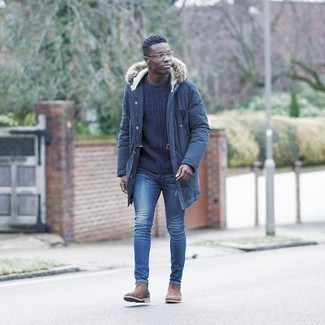 Men's Navy Parka, Navy Cable Sweater, Blue Skinny Jeans, Brown Suede Chelsea Boots