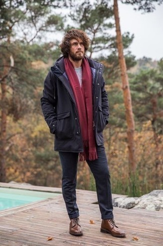 Men's Navy Parka, Grey Crew-neck Sweater, Navy Vertical Striped Chinos, Brown Leather Casual Boots