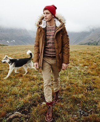 Brown Parka Outfits For Men: A brown parka and khaki chinos worn together are a match made in heaven for those who appreciate casual styles. Feeling experimental? Polish off your ensemble with brown leather casual boots.