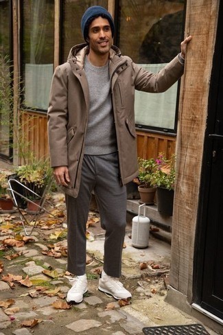 Men's Brown Parka, Grey Crew-neck Sweater, Charcoal Chinos, Beige Athletic Shoes