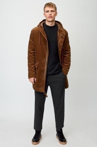 Men's Brown Parka, Black Crew-neck Sweater, Charcoal Chinos, Black Leather High Top Sneakers