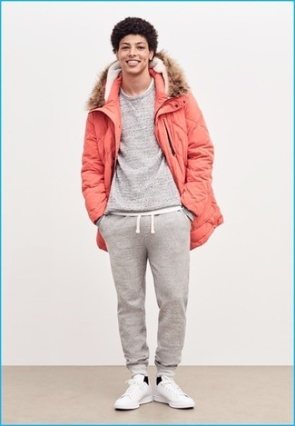 Parka Outfits For Men: Putting together a parka with grey sweatpants is an amazing option for an off-duty but dapper ensemble. Balance out this ensemble with a classier kind of shoes, like these white leather low top sneakers.