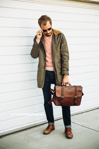 Dark Green Parka Outfits For Men: Try pairing a dark green parka with navy jeans if you wish to look casually stylish without too much effort. Enter a pair of brown leather derby shoes into the equation to effortlessly up the wow factor of this look.