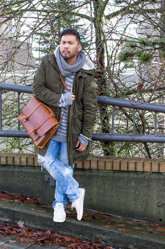 Men's Dark Green Parka, Grey Horizontal Striped Crew-neck Sweater, Light Blue Ripped Jeans, White Low Top Sneakers