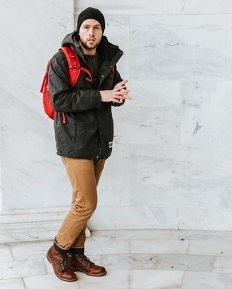 Burgundy Canvas Backpack Outfits For Men: Wear a black parka and a burgundy canvas backpack for an unexpectedly cool getup. You could perhaps get a bit experimental when it comes to shoes and add dark brown leather casual boots to your look.